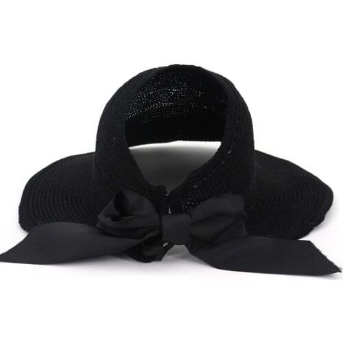 Summer Fashion Women Ladies Visor Caps with Large Bowknot Decor Cotton Knitted Sun Protection Hat Folding Top Air Cap Sunhat