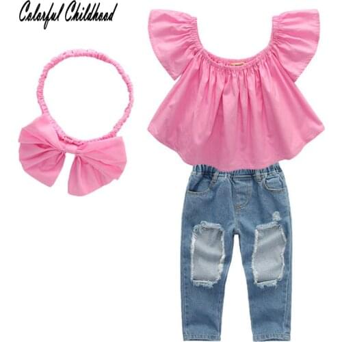 Angel baby Girls Clothing Sets 2018 New Summer Girls Clothes Lotus sleeve shirt+pants+headwear 3Pcs toddler Kids Clothing Sets