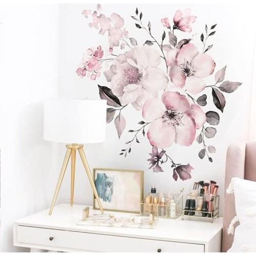 Water color Pink flowers wall stickers bedroom living room decoration mural home decor decals Flower cluster stickers wallpaper