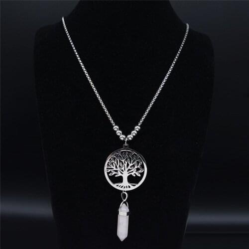 Natural Pink Crystal Stainless Steel Hexagonal Bullet Reiki Point Chakra Long Tree of Life Necklace Jewelry collar mujer N49S04