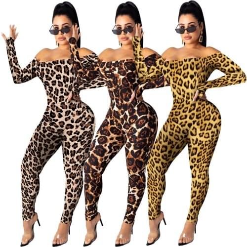 New Autumn women Elegant Leopard Print Off Shoulder long sleeve bodycon Jumpsuit Sexy Club Party Romper playsuit outfit GL3672
