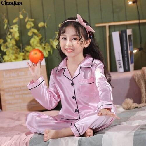 Full Sleeve Satin Fabric Silk Pajamas for Girls Children Pink Blouse+Pants 2pcs Clothing Sets Four Season Pajamas for Girls Pjs