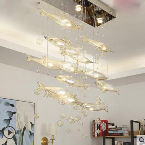Simple modern bar living room lamp restaurant LED flying fish lighting hotel creative rectangular dining room crystal chandelier