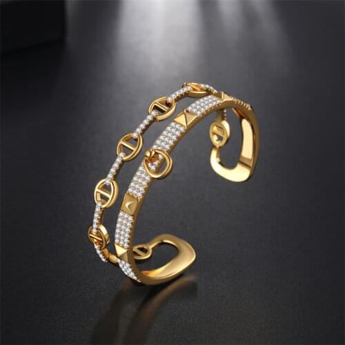 Luxury Brand Rivet Bangles & Bracelets For Women Jewelry Punk Zirconia Double Layer Bangles Gold Female Gift Zk30