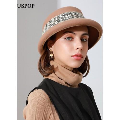 USPOP New 2021 Winter Women Wool Fedoras with Belt 100% Geniue Retro Elegant Wool Hat