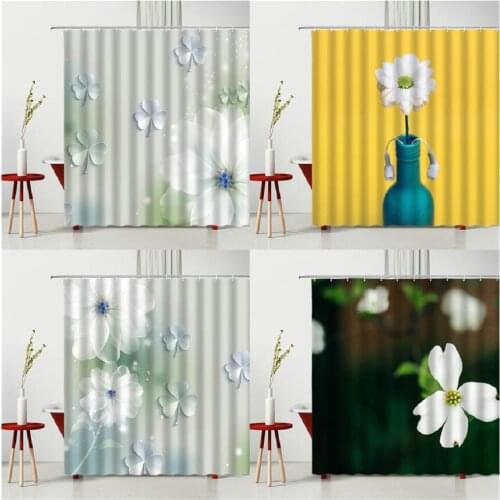 Spring Flowers Shower Curtains Pure White Texture Bathtub Decor Hanging Curtain Bath Accessories Polyester Fabric Multiple Size