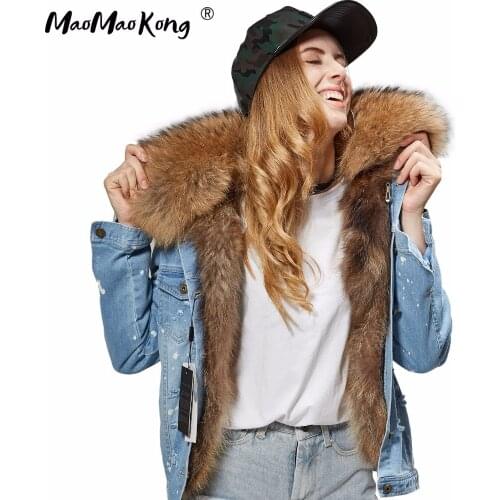 MAO MAO KONG 2020 Womens fashion dark blue denim fox fur short jacket coat 100% true raccoon fur collar bomber jacket DHL