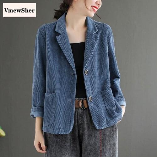VmewSher New Autumn Spring Women Jacket Corduroy Long Sleeve Casual Suit Coat Solid Shawl Collar Plus Size Elegant Loose Outwear