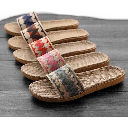 Women/Mens Summer Home Slippers Fashion Stripes Linen Slides Indoor Bathroom Shoes Ladies/Male Beach Flip Flops Couple Sandals