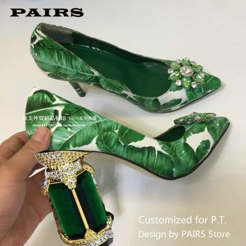 2019 Green Banana Leaf Pumps For Women Pointed Toe Rhinestone Diamond Flower High Heel Shoes Woman Fashion Party Shoes Plus Size