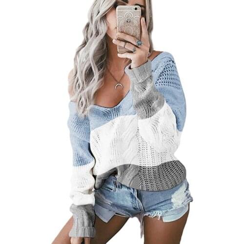 V Neck Patchwork Loose Women Autumn Winter Twist Knit Jumpers Sweater and Pullover Ladies Pullovers