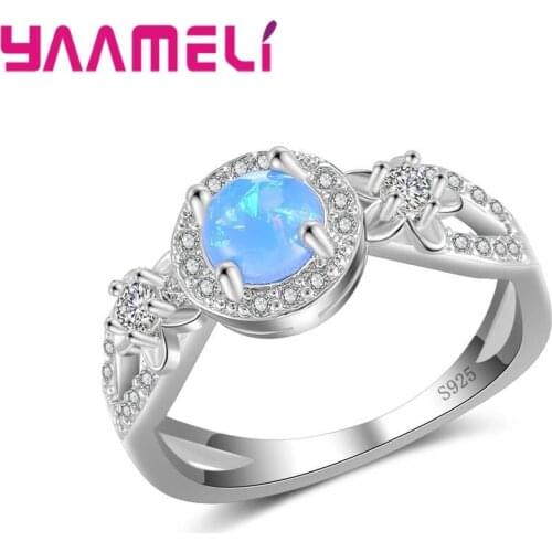 Eternity Ring Genuine 925 Sterling Silver Women Wedding Party Band Bague Prong Setting Blue Opal Stones Design