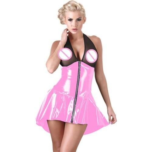 Women Deep V-neck Irregular Hem Dress Summer Mesh Patchwork Wetlook PVC Leather Mini Club Dresses Backless Neck-mounted Costumes