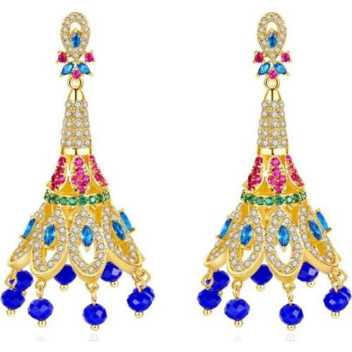 Zlxgirl Bridal Jewelry Luxury Blue beads And AAA cubic Zircon bridal earring for women Dubai Gold copper Earrings party gifts