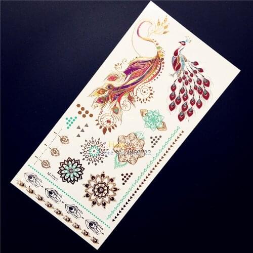 1PC Exquisite Body Art Gold Henna Sun Flower Arm Tattoo Metallic Peacock Jewel Design Waterproof Temporary Tattoo Sticker HGMT27