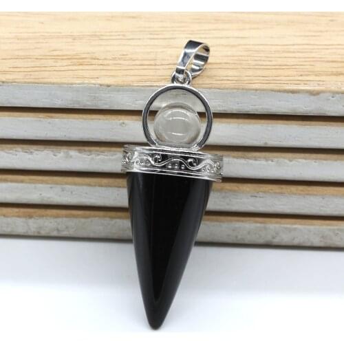 100-Unique 1 Pcs Silver Plated Circular Cone Shape Pendulum Pendant with Round Bead Black Agates Jewelry