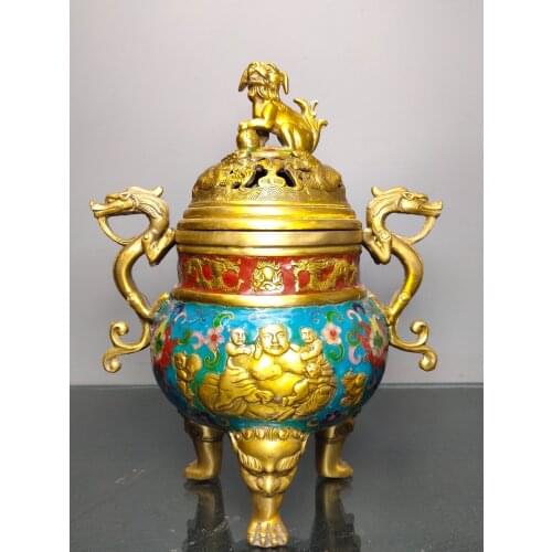 11"Chinese temple collection Old Bronze Cloisonne Filigree EnamelEnamel Three-legged animal head incense bur Town House Exorcism