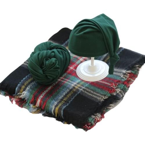 3Pcs Newborn Baby Photography Props Soft Warm Long Plaid Blanket+ Wraps+Beanie Cap for Infant Boys Girls 0-6M