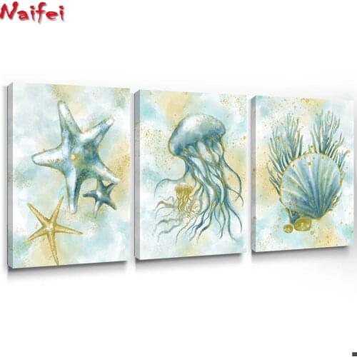 3pcs/set Nautical Ocean Wall Art Sea Life Triptych Diamond Embroidery Starfish Diamond Painting Cross Stitch Crafts Pictures