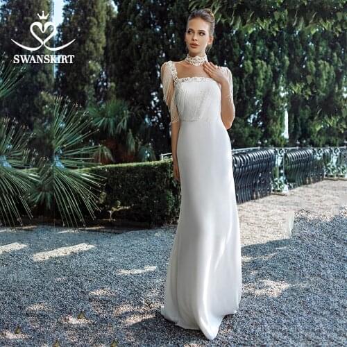 2 In 1 Satin Mermaid Wedding Dress 2021 Beaded Court Train Beach Vestido De Novia Princess SwanSarah T140 Plus Size Bridal Gown