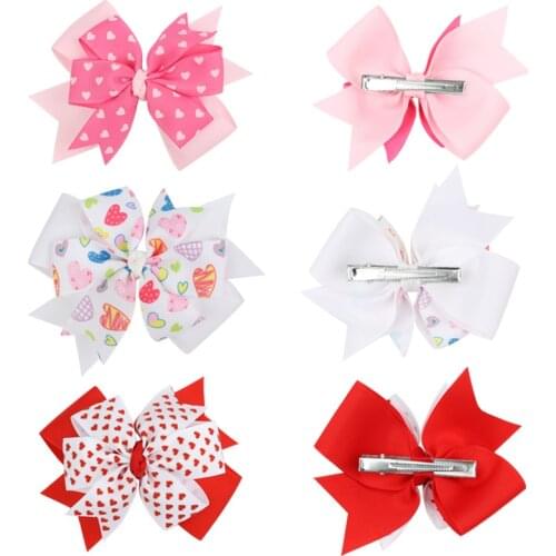 Ncmama 1PC Valentines Day Swallowtail Hair Bows For Girls Kids Printed Pink Heart Hair Clips Valentine Gifts Hair Accessories