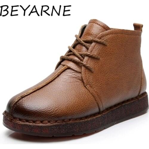 BEYARNE 2021 Women Snow Boots Vintage Genuine Leather Fur Winter Warm Ankle Boots For Women Flat Mother Shoes