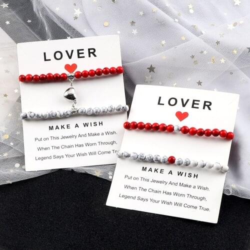 Charm 2Pcs/Set Couples Heart Magnetic Turquoises Bracelet Elastic 6mm Bead Natural Stone Bracelets&Bangles For Men/Women Jewelry