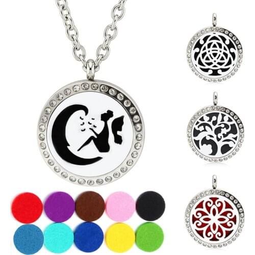 Locket Necklace Perfume Essential Oil Diffuser Pendant Stainless Steel Jewelry Chain 25mm Rhinestone Aromatherapy Hang Pendant