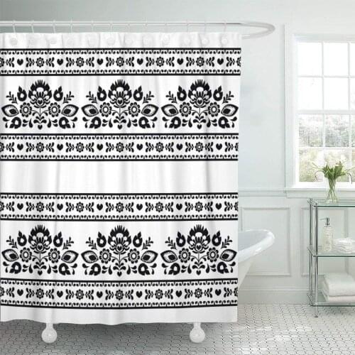 Floral Polish Black Folk Pattern Flowers on White Poland Shower Curtain Waterproof Polyester Fabric 60 x 72 Inches with Hooks