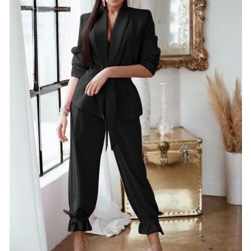 2 Piece Women Matching Set 2021 New Solid Color Casual Two-piece Long Sleeve Top Pants Office Lady Suit Fashion Female Outfits