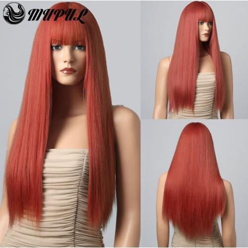 Red Colored Long Straight Cosplay Synthetic Wig For White Women With Bangs Daily Nutural Fiber Heat Resistant Hair Party Female