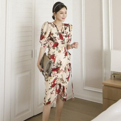 Summer Flower Print Beach Midi Sundress Ladies OL Elegant Sweet Sexy V-Neck Lantern Sleeve Ruffle Belt Party Wrap Dress Vacation