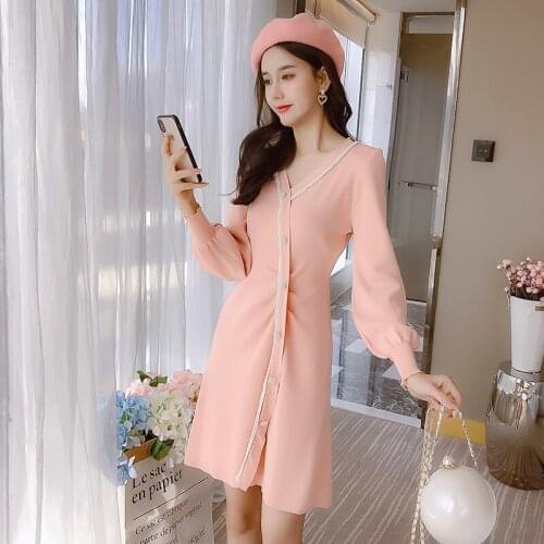 Sweet Elegant Lady Knitted Dress Women 2021 Autumn New Temperament Slim Thin Single Breasted Sweaters A-Line Mini Dress Female