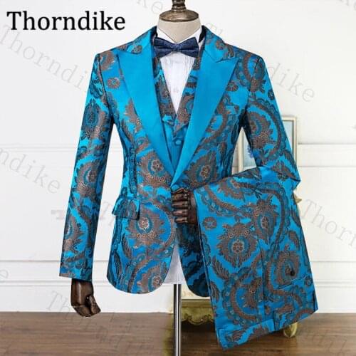 Thorndike Suit Men 3 Pieces Slim Fit Business Casual Wedding Dress Tuxedos Peaked Lapel Print Groom Suit Summer Slim Fit Suits