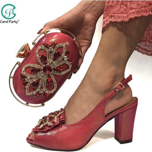 2020 Lastest Shoes and Bag Set in Red Italian design Women Shoes Matching Bag for Wedding Decorate with Crystal for Royal Party