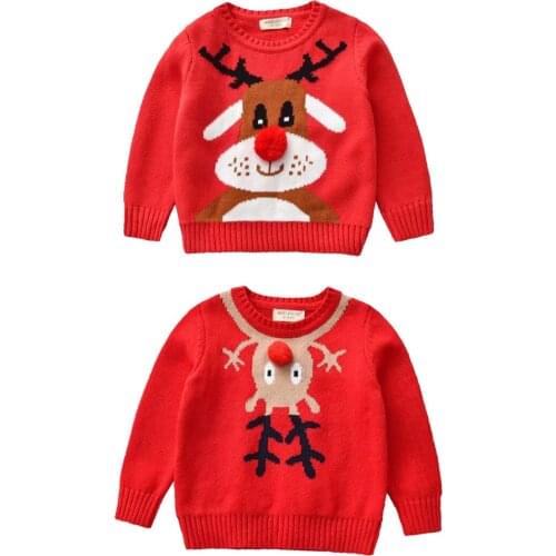 2020 Fall Spring Toddler Baby Girls Boys Christmas Sweater Cartoon Deer Long Sleeve Round Neck Knitted Pullover Pompom Tops 1-7T