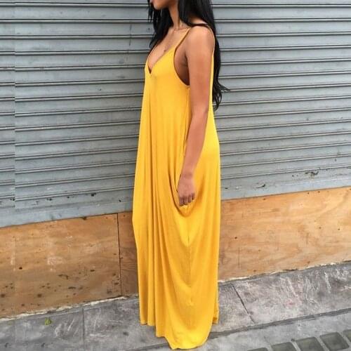 Girls Yellow Deep V Shoulder Strap Women Summer Dress Loose Long Maxi Party Dresses Ladies Sun Casual Vestidos Club Wear Outfits