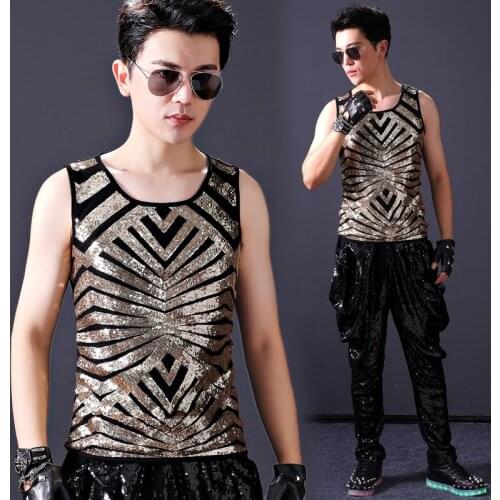 Festival Outfit Bar Nightclub Male Dance Performance Costume Men Singer Rock Personality Stage Gold Sequined Vest Top DNV11964
