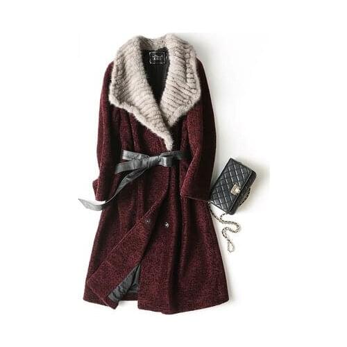 Luxury Winter Natural Wool Jacket Women Long Water Mink Collar New Wine Red Female Fur Coat Outwaer LX1303