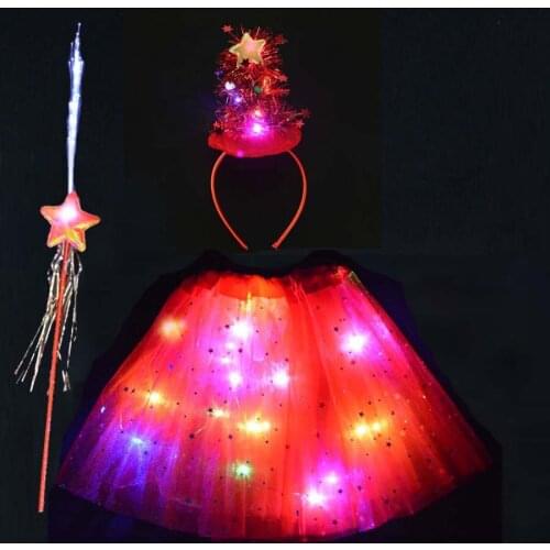 Xmas Girls Role-playing Cute Flashing Wing Tutu Skirt LED Glow Headband Fairy Stick Christmas Tree Costume Halloween Cosplay