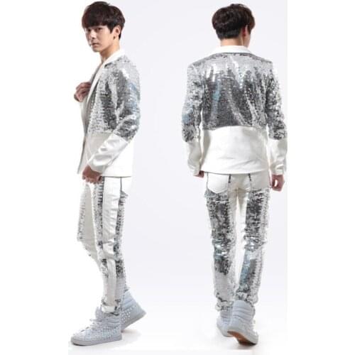 S-4xl Hot 2020 New Men Dj Punk Silver Paillette Ds Suit Leather Pants Set Singer Stage Costume Nightclub Dress Clothing