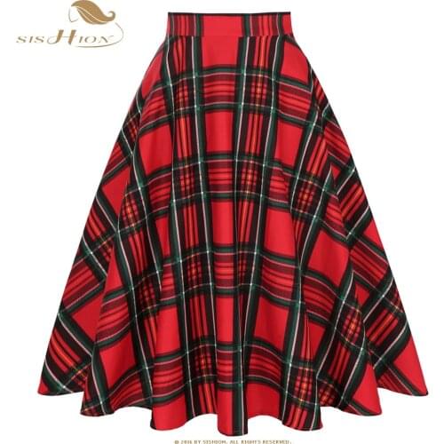 SISHION 2021 Summer New Long Skirt SS0006 Women Yellow Black Blue Red Plaid Checkered Skirt 50s 60s Vintage Skirts faldas