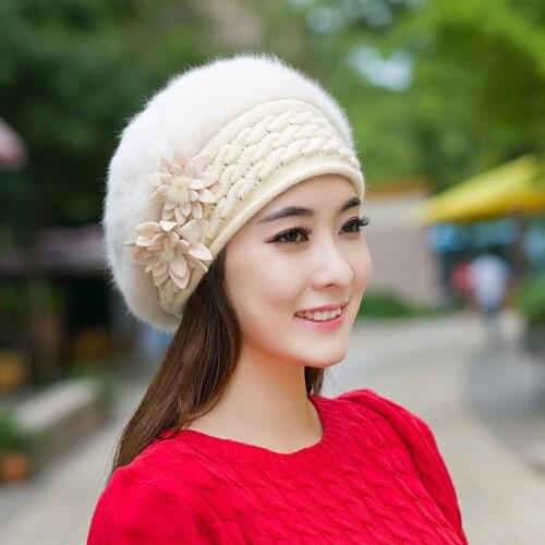 Women Casual Autumn Plus Size Three-dimensional Rose Solid Rabbit Knit Thicken Cap Female Winter Oversized Stretch Warm Hats