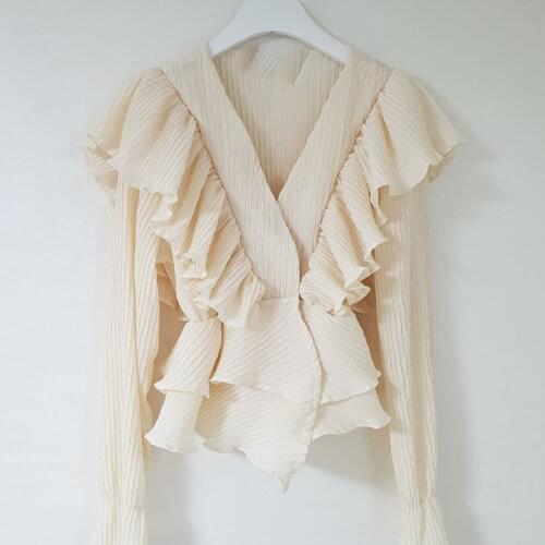 Petal Sleeve Multi-layer Ruffle V-Neck Lace Folds Patchwork Elegant Femme Blusas All-Match Korean Chiffon Women Blouse Chic Tops