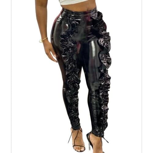 New Autumn Winter Women Pants PU Leather High Waist Leggings Skinny Ruffles Trousers Sexy Night Club Bottoms Bandage gothic