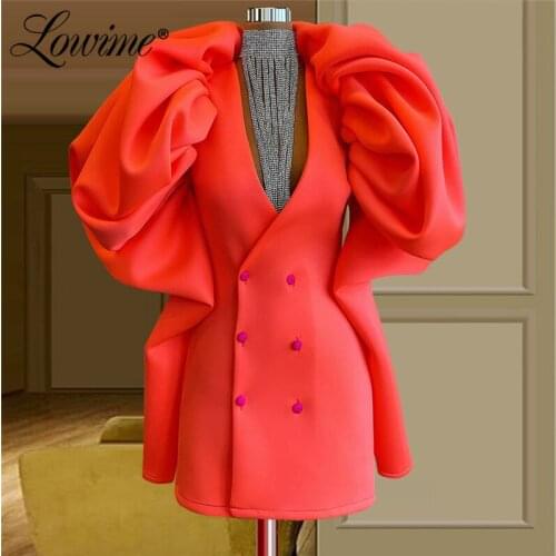 Lowime Short Evening Gown For Women 2021 Long Sleeves Pleats Party Dress Plus Size Customized V Neck Dubai Formal Evening Wear