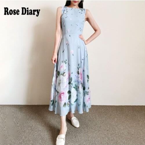 RoseDiary 2021 Summer Fashion Runway Dress Womens Sleeveless Tank Retro Crystal Beading Floral Print Midi Vintage Chic Dress