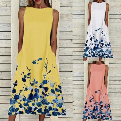 Plus Size Elegant Women Floral Print Sleeveless A-Line Round Neck A-line Dresses Outfits Midi Long Dress Sundress for Beach2021