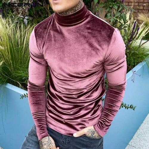 2021 Men Casual T Shirt Velour Solid Color Turtleneck Fashion Long Sleeve Cozy Tee Tops Undershirts Streetwear Camisetas INCERUN