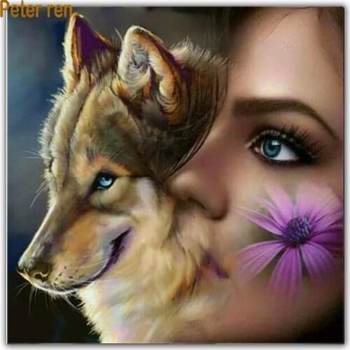 5D Diamond painting cross stitch portrait Square\Round diamond mosaic Crystal resin Full Diamond embroidery "Beauty wolf daisy"
